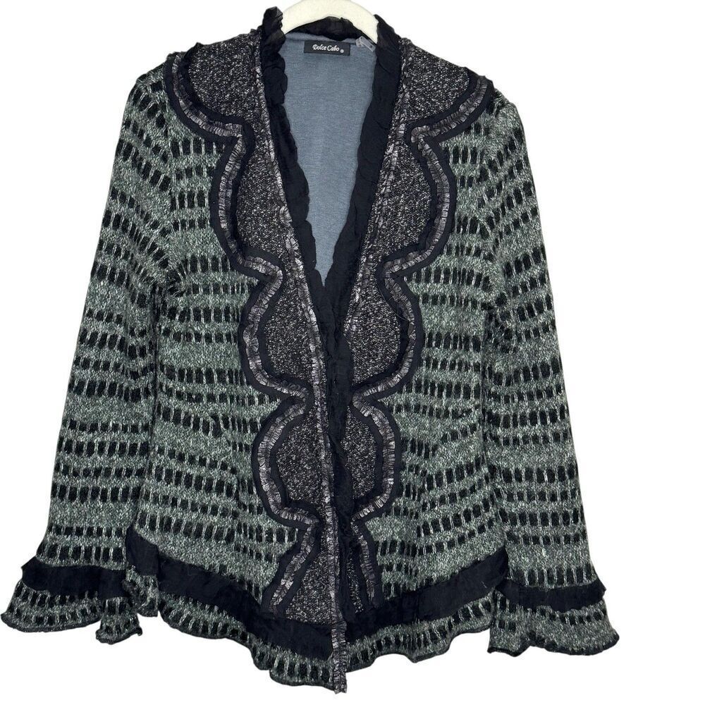 Dolce Cabo Sweater Womens Medium Gray Black Ruffle Trim Knit Cardigan Jacket